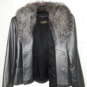 gray leather jacket with removable real silver fox collar-size large